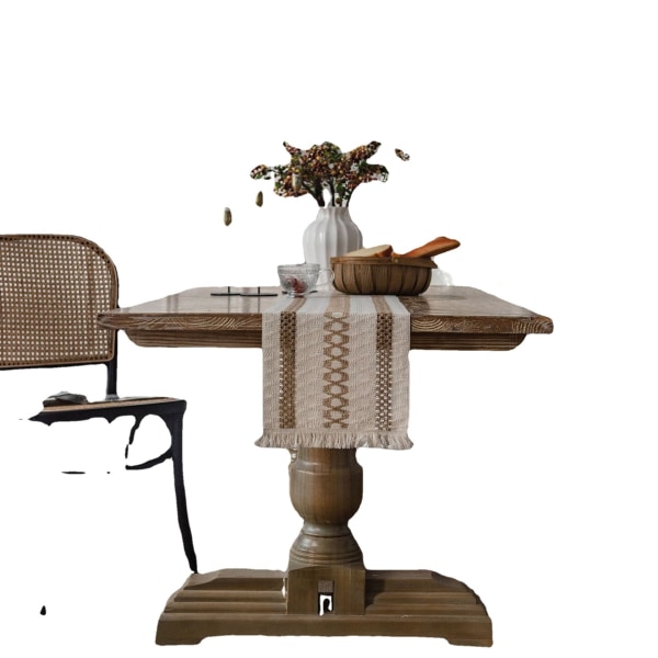 Puuvilla-pellava pöytäliina raidallisella tikkauksella, kaksivärinen kudottu tupsu, luonnonmateriaali, amerikkalainen pöytäliina Rice table runner 30*450 (including tassels)