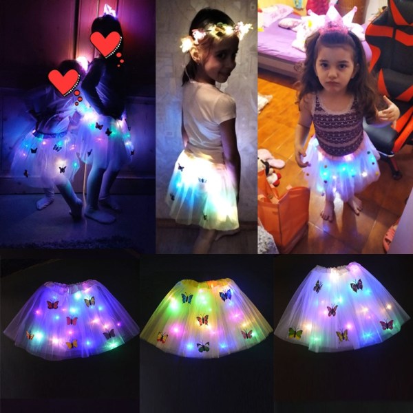 Flicka Butterfly Light Up Tutu LED-kjol Glow Blomma Krans Krona Pannband Fest Magic ängel Fe Juldräkt Födelsedagspresent Dark green skirt