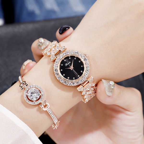 Koreansk enkel temperamentsfull Trendig liten urtavla Diamond Student Mode Watch Rose gold black surface