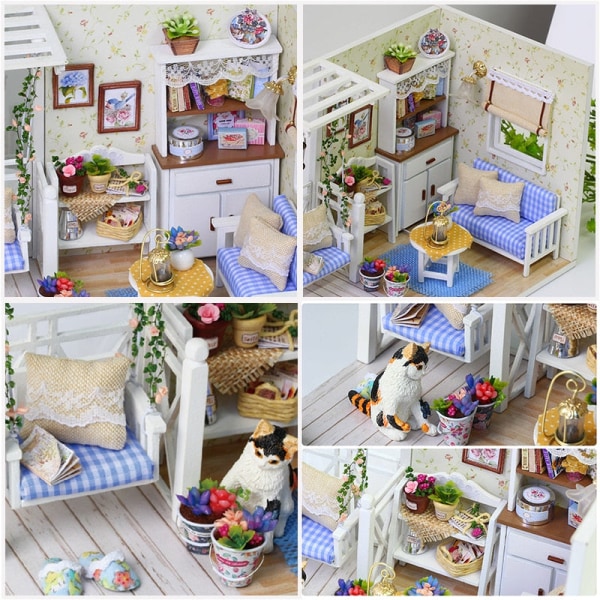 Cutebee DIY Dukkehus Sæt Med Møbler LED Lys DIY Miniatur Bygning Lille Hus Trælegetøj til Børn Voksne As  photo D014B