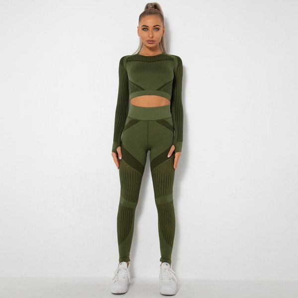 Långärmad yogadräkt för damer, sportfitness, löpning, yogabyxor 6301 long sleeve trousers suit-Brown S