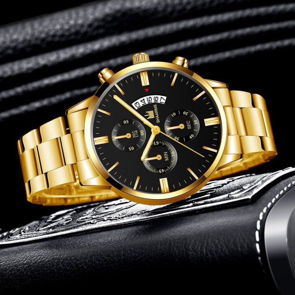 Herre Casual Enkel Skala Business Kalender Stålklokke Herre Quartz Black