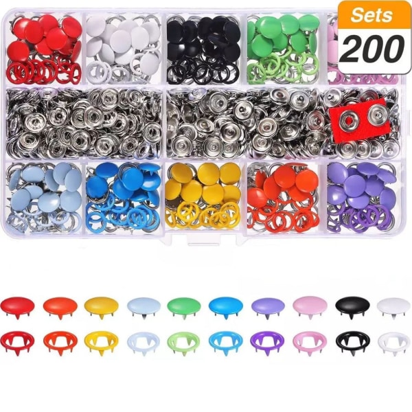 Purjerenkaiden Kiinnityssarja 9,5 mm 10 Väriä Nappeja Metalliset Painonapit Piikkirengasnappi Lasten Vaatteisiin, Ruokalappuun, Askarteluun 100pcs without tools