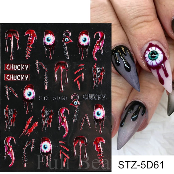 5D Halloween Nageldekaler Spindelväv Skräckögon Ansikte Pumpa Nageldekaler Präglade Designer Sliders Folier Manikyr TRSTZ-5D STZ-5D10