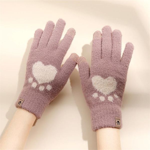 Kattepote Print Handsker Mobiltelefon Touchscreen Strikkede Handsker Vinter Tykke &amp; Varme Voksen Bløde Fluffy Handsker Herre Dame Khaki One Size