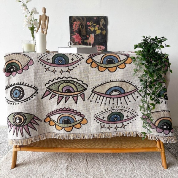 Mystical Eyes -kuvioinen kudottu heittopeitto, seinämatto, sohvanpeitto, makuuhuoneen sisustus, tupsulanka-peitto, suuri heittopeitto, kuvakudos, piknikmatto Xt07-2 130x150cm