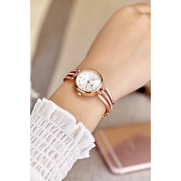 Kvinnors rhinestone stålband Ins stil Student watch Watch i koreansk stil gold strap white plate