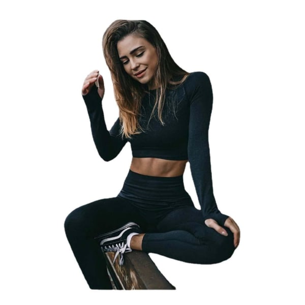 Set Träning Sportkläder Gymkläder Fitness Leggings Toppar för kvinnor Black M