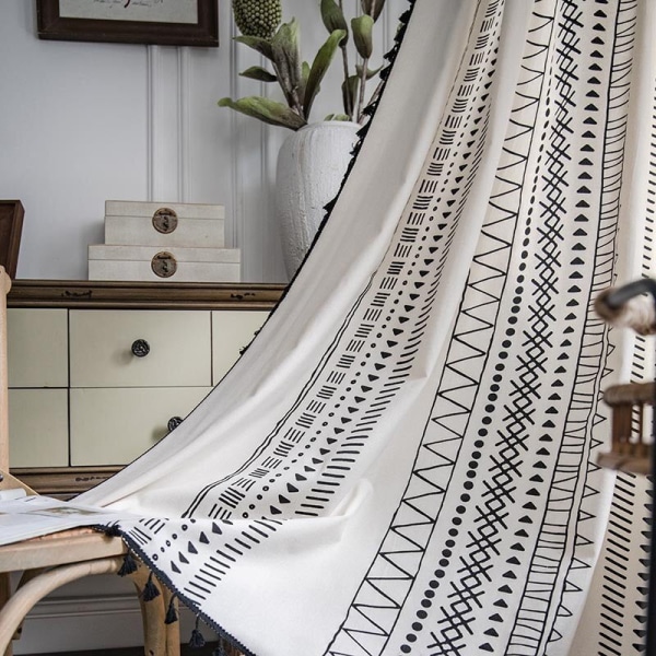 Amerikansk Geometrisk Bomuld Linned Vinduesgardin med Kvaster Mørklægningskappe til Den Luksuriøse Stue Gardiner til Stuen 4 W150 cm X H240 cm