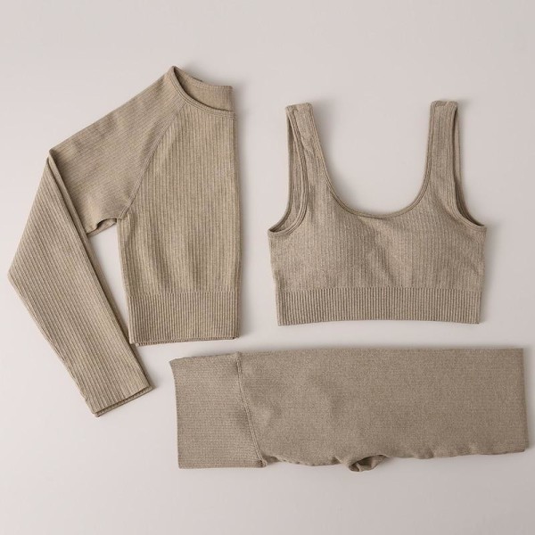 Set Kvinnor Gym Kläder Kvinnliga Yogabyxor med hög midja Träningsoverall Kvinnor Fitness Kläder 3 Pcs Set Khaki M