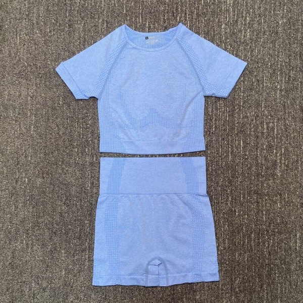 Yoga Sæt Sømløs Langærmet Crop Top Højtaljede Gym Fitness Leggings Til Kvinder 3PcsSet-Blue M