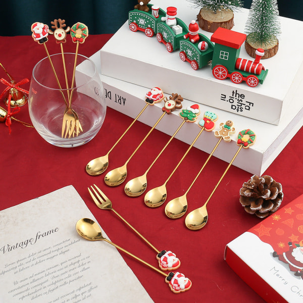 Q Julklapp Kreativ Liten Sked Gyllene Älg Tecknad Fruktgaffel Julgran Gammal Man Dessert Kaffesked Christmas ginger cake gold spoon
