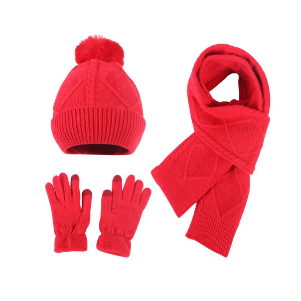 Mössa, halsduk och handskar för bollstickning för kvinnor i tre delar Fashionabla varm set med cap Red