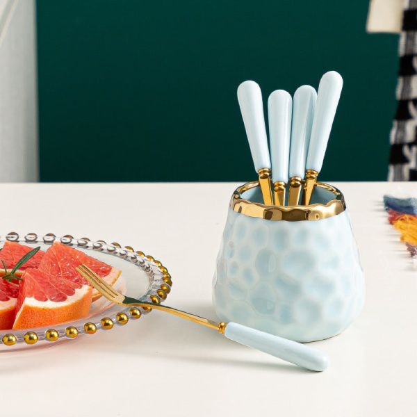Husholdnings Rustfrit Stål High-End Overkommelig Luksus Frugt Gaffel Ske Sæt Kagegaffel Dessertgaffel Opbevaringstank Bordbestik Gaffel Ske Dark green 3 forks 3 Spoons