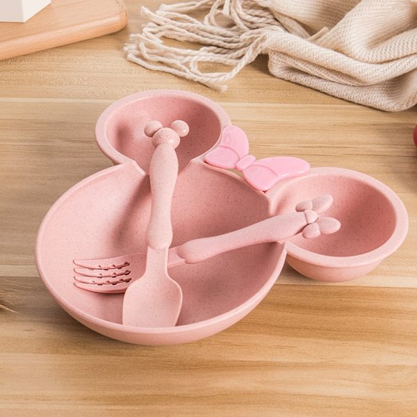 3 kpl/setti Vauvan sarjakuva-astiat Vehnäkulho Kuumuutta kestävä Taapero Lasten illallinen Ruokailulautanen Lasten harjoituskulho Lusikka Haarukka Beige Set