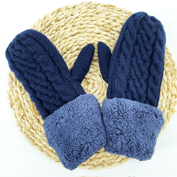 Naisten neulotut palmikkokukkakuvioiset lapaset talveen, naisten villa- ja kashmirsekoitteiset paksut ja lämpimät kokosormihanskat N507-Navy One Size