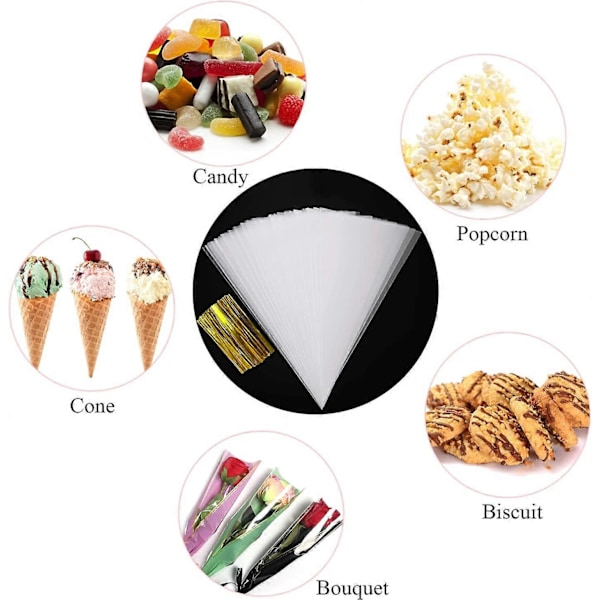 100 stk. kræmmerhusposer Cellofan kræmmerhusposer med 100 twist ties, trekantposer til popcorn slik (6\" X 12\")