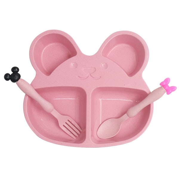 Barn Söt tecknad björn porslin set vetehalm baby mattallrik maträtter toddler utbildning skål sked gaffel för barn Pink Set