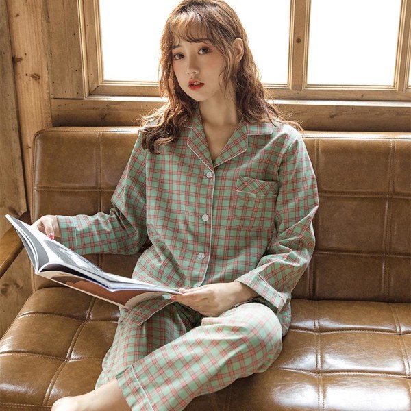 Vinter Nya Helt Bomulls Pyjamas Dam Långärmad V-hals Rutig Sovkläder Light green XL