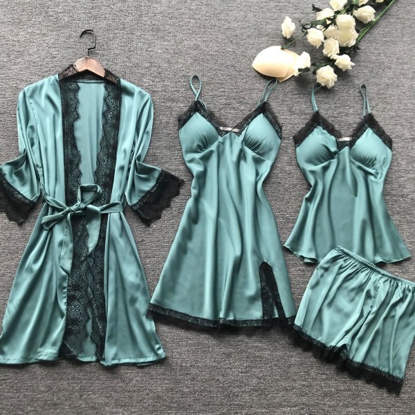Nyt Sort Blonde Mode Kvinder Nattøj Med Brystpude Natkjole Kort Cardigan Sæt Pyjamas Blue M