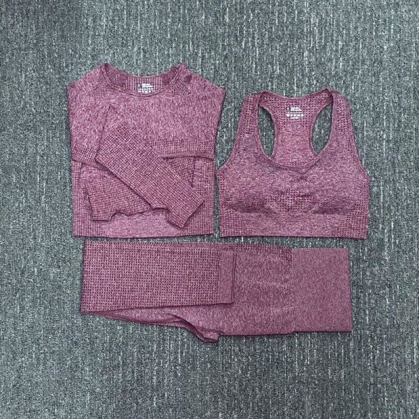 Yoga Sæt Sømløs Langærmet Crop Top Højtaljede Gym Fitness Leggings Til Kvinder 3PcsSet-Wine L
