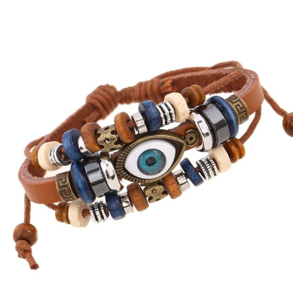 Populär Ornament Nytt Pärlbroderade Ögon Nötskinn Armband Utdragbart Justerbart Par Läderarmband Light brown