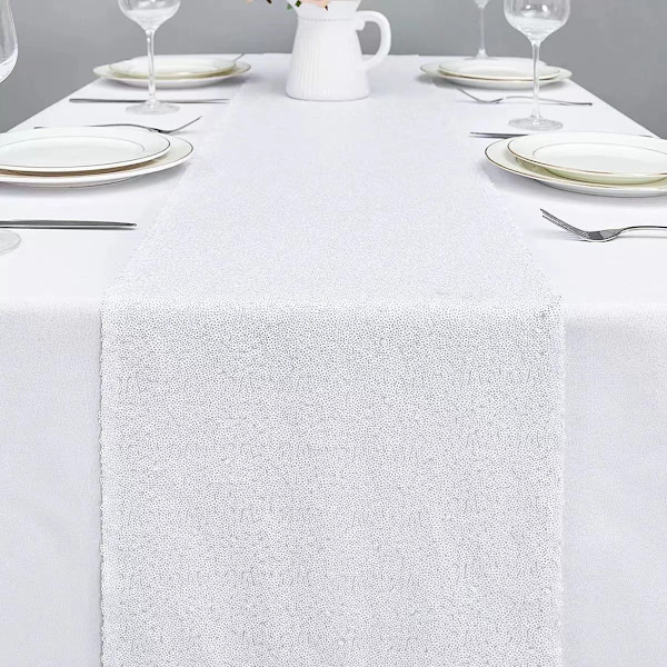 2 stk. paljettbordflagg bryllupsseremoni oppsett duk bordløper juledekorasjon polyester firkantet glitterpaljett White 30*120cm/70g