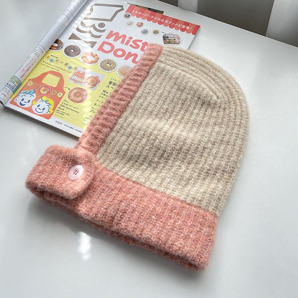 Fargematchende Lue Dame Høst og Vinter Halsbeskyttelse Termisk Strikket Ullue Koreansk Stil Ridesikker Vindtett Knapp Erme Lue Yellow M（56-58cm）