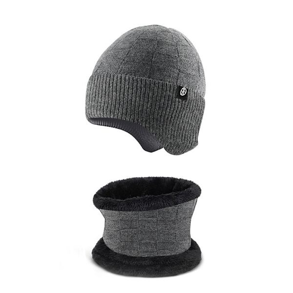 Lämmin Korvasuoja Hattu Huivi Kaksiosainen Set Talvi Ulkoilu Fleecevuorattu Neulepuku Plaids [Gray] two-piece set