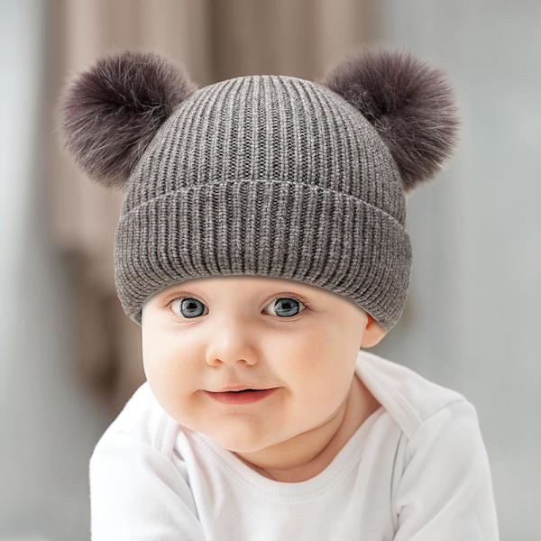 Talvinen neulottu pipo lapsille ja naisille, villapipo pariskunnille, pörröinen tupsupipo, yksivärinen talvihattu turkiksella, äiti ja vauva -vanhempi-lapsi-hattu #4 Gray S code (0-4 years old)