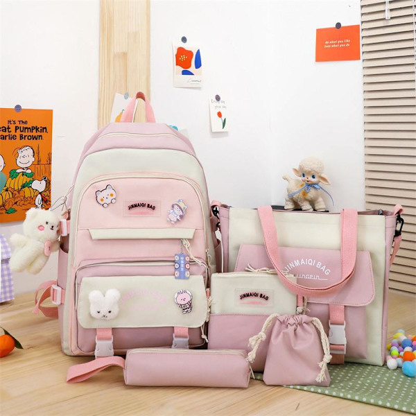 5 stk Sett Ryggsekker For Student Skoleveske For Jenter Multifunksjonelle Skoleryggsekker Håndveske Stor Kapasitet Jenters Pennal 4pcs pink5