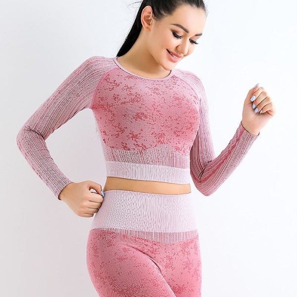Yoga Set Långärmad Crop Top T-shirt Leggings Träningsdräkt För Kvinnor Red Set M
