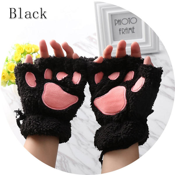 1 par Kvinder Piger Dejlige Vinter Varme Fingerløse Handsker Fluffy Bjørn Kat Plys Pote Klo Halv Finger Handsker Vante Ny wine red One Size