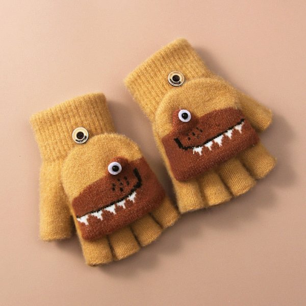 Småbørn Vinter Strikkede Fingerløse Tegneserie Handsker Tykke Varme Udendørs Skrive Konvertible Flip Top Halv Finger Vanter 6-10 År Gray Dino