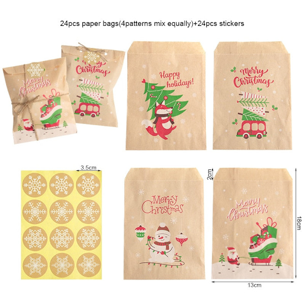 24 sæt julekraftpapirsposer Julemand Snemand Ræv Julefest Gavepose Slikkagepose Gaveindpakningsartikler 24sets Xmas Pattern2