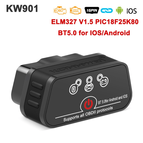 KONNWEI KW901 ELM327 V1.5 PIC18f25k80 Bluetooth 5.0 OBD2 Skanner ELM 327 V1 5 Auto OBD 2 Bil Diagnoseverktøy PK Vgate iCar2 KW901 BT5.0 Black V1.5 PIC18f25k80