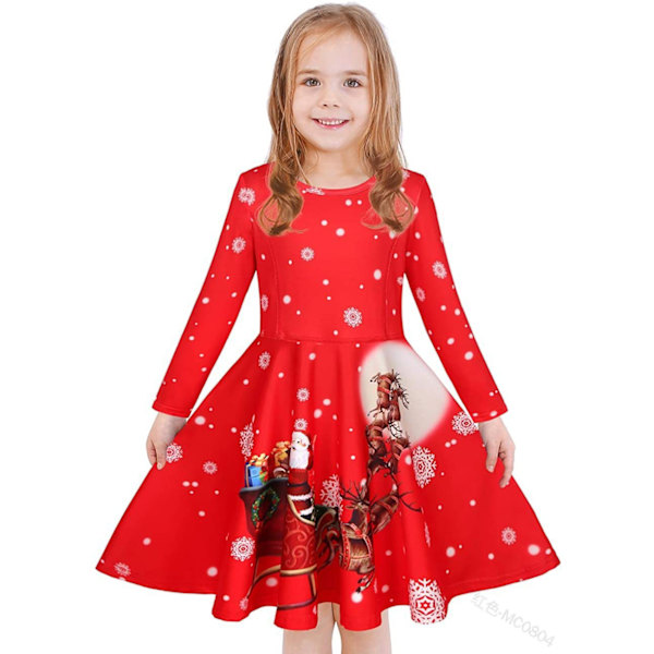 Barnklänning Julkläder Flickor Tryck Prinsessklänning Red 150cm