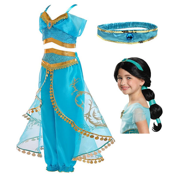 Piger Jasmine Udklædning Børn Pailletblomstret Arabisk Aladdin's Lampe Prinsesse Kostume Børn Halloween Cosplay Fancy 4PCS Set 140 (7-8T)
