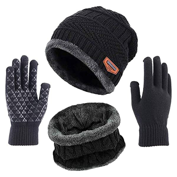 Hett säljande vinter varm mössa halsduk scarf handskar set unisex vinter varm stickad mössa hals handske för män kvinnor -B5 Gloves black