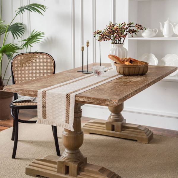 Bordløper i bomull og lin, stripet søm, to-farget vevd dusk, naturlig materiale, amerikansk duk Two hemp string 30*400 (including tassels)