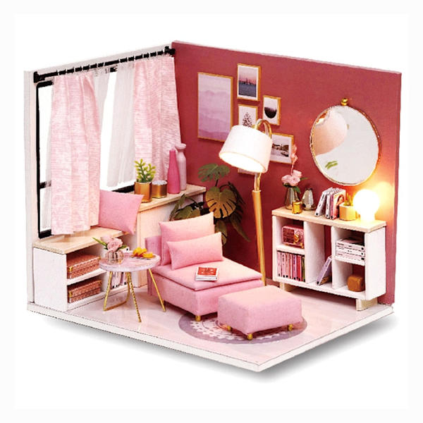 Cutebee DIY Dukkehussett Med Møbler LED-Lys DIY Miniatyr Byggesett Lite Hus Treleker for Barn Voksen As  photo H17A