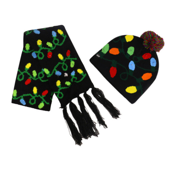 Vinter Julserie Ullmössa LED-Lampa Varm Stickad Mössa Halsduk Set Christmas tree hat Adjustable