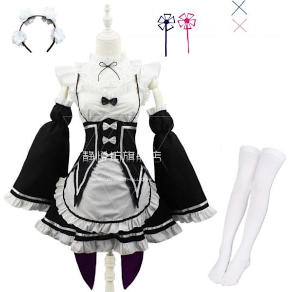 Ram/Rem Cosplay Re:zero Kara Hajimeru Isekai Seikatsu musta sininen punainen asu piika palvelijatar mekko package 1 XXL