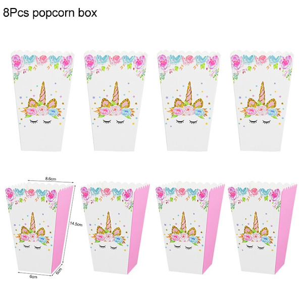 Regnbue Enhjørning Bursdagsfest Dekorasjon Engangsservise Sett Enhjørning Ballong Jente Baby Shower Barn Bursdagsfest Utstyr 8pcs popcorn box