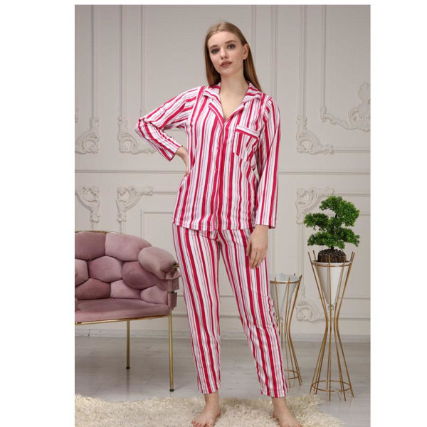Randig pyjamasensemble för damer med maskulin krage Fuchsia 38