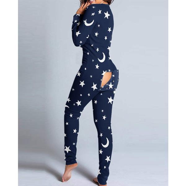 Dam Mode Tryckt Funktionell Öppen Bak Knäppt Romper Casual Långärmad Pyjamas Jumpsuit Plus Size Navy blue M