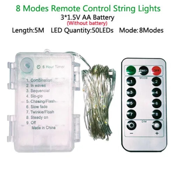 5/10M LED Ljusslinga Fjärrkontroll Fairy Lights Batteridriven Jul Utomhus Girlang Bröllopsfest Högtidsljusslinga 10m Regular AA Multicolor