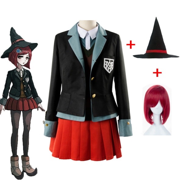 Anime Danganronpa Yumeno Himiko Cosplay Kostume Skolepigeuniform Halloween Karneval Fest Nederdel Sæt Rød Paryk Magisk Hat A Full Set XXL