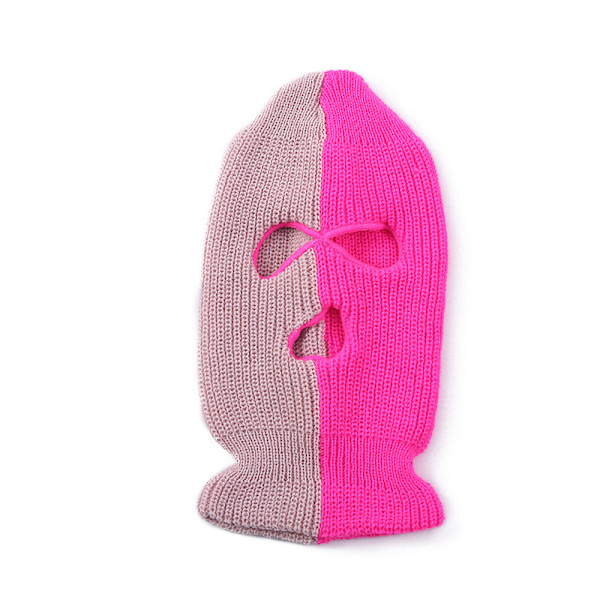 Efterår og vinter ny varm tre-hullers tofarvet strikket hue engros herre- og dame Internet Celebrity CSGO hue halsbeskyttelse ridehætte Pink and yellow