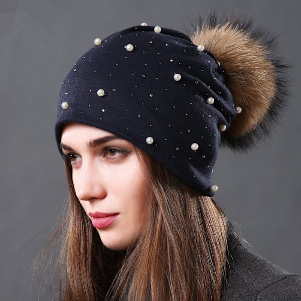 Pärl Dubbellagers Bomullsmaterial Ärmmössa Höst och Vinter Dam All-Match Mode Tvättbjörn Boll Päls Dam Varm Hatt Dark gray natural color ball